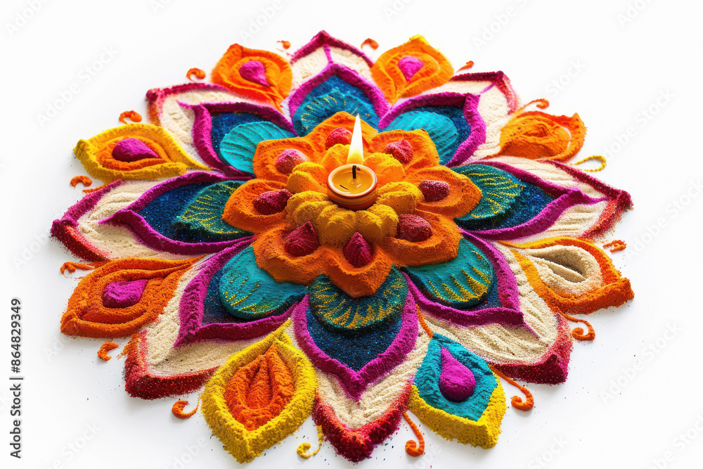 Traditional oil lamp with colorful rangoli design on diwali festival Traditional oil lamp with colorful rangoli design on diwali festival