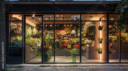 A storefront window display showcasing a variety of colorful flowers and greenery at a flower shop. The shop is well-lit and appears to be open late.