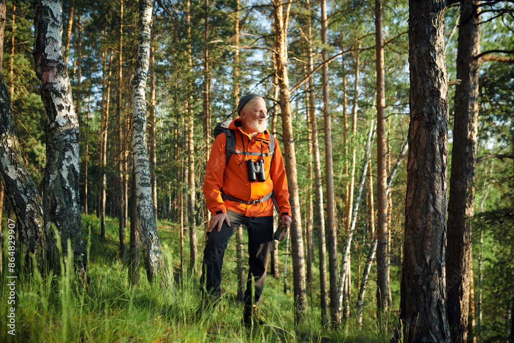 Wide shot of confident senior Caucasian male tourist wearing orange jacket holding paper map standing in mountain forest Wide shot of confident senior Caucasian male tourist wearing orange jacket holding paper map standing in mountain forest