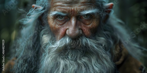 Realistic Dwarf with Long White Beard in Forest A Close-up Shot. Concept Fantasy Characters, Forest Setting, Close-up Portraits, Long White Beards, Outdoor Photography