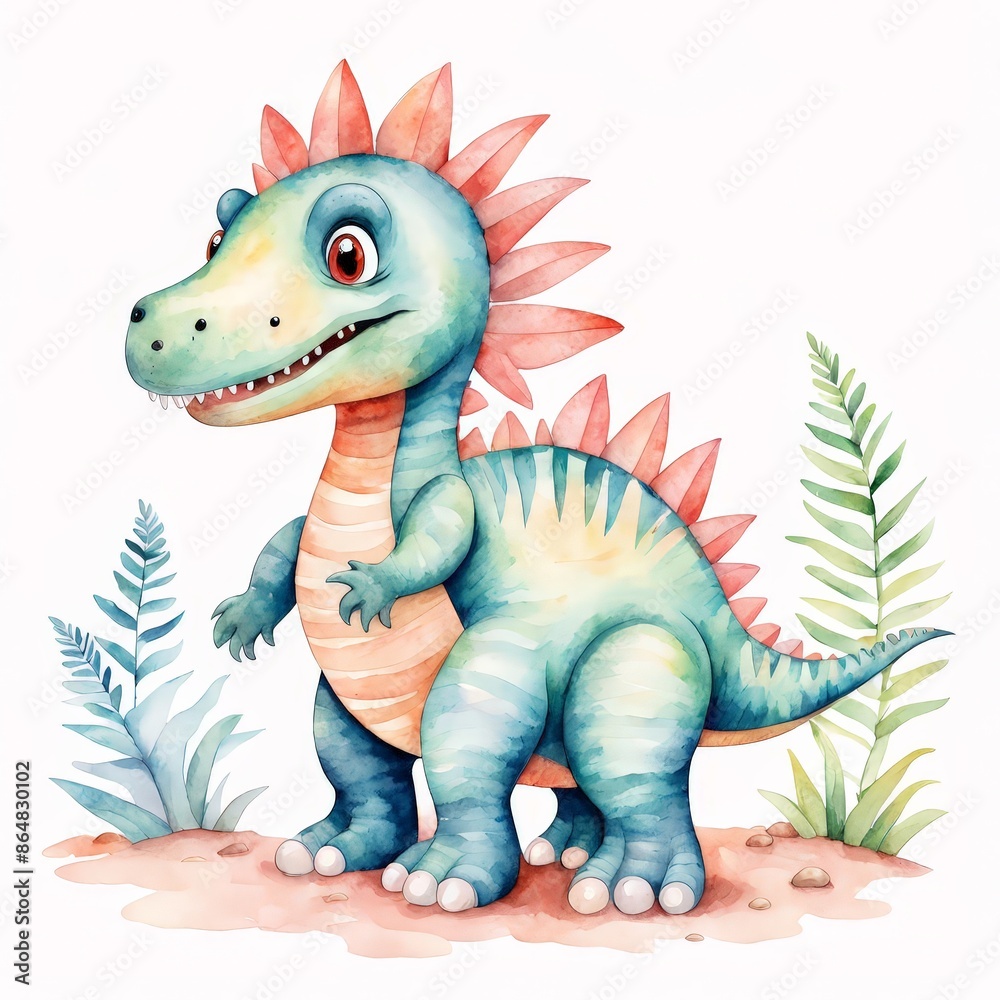 Watercolor Illustration of a Cute Cartoon Dinosaur. Watercolor Illustration of a Cute Cartoon Dinosaur.
