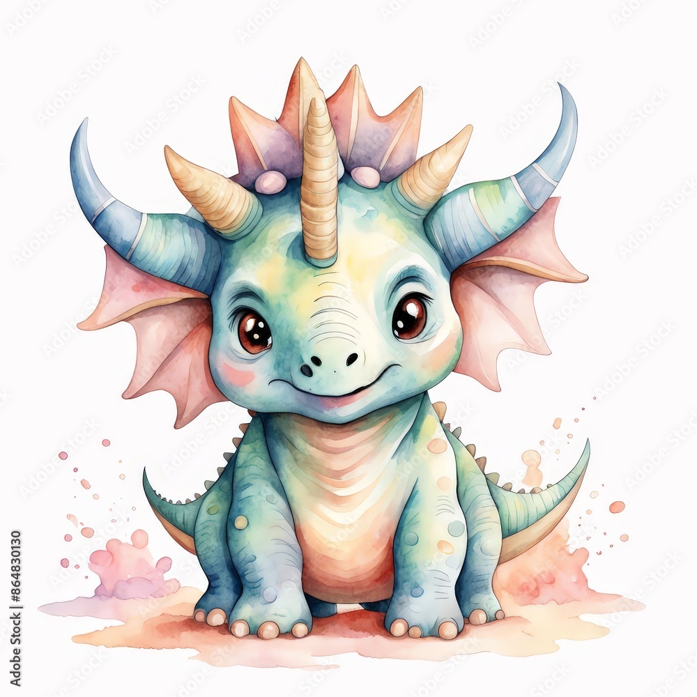 Cute Cartoon Dragon with Watercolor Splatter. Cute Cartoon Dragon with Watercolor Splatter.