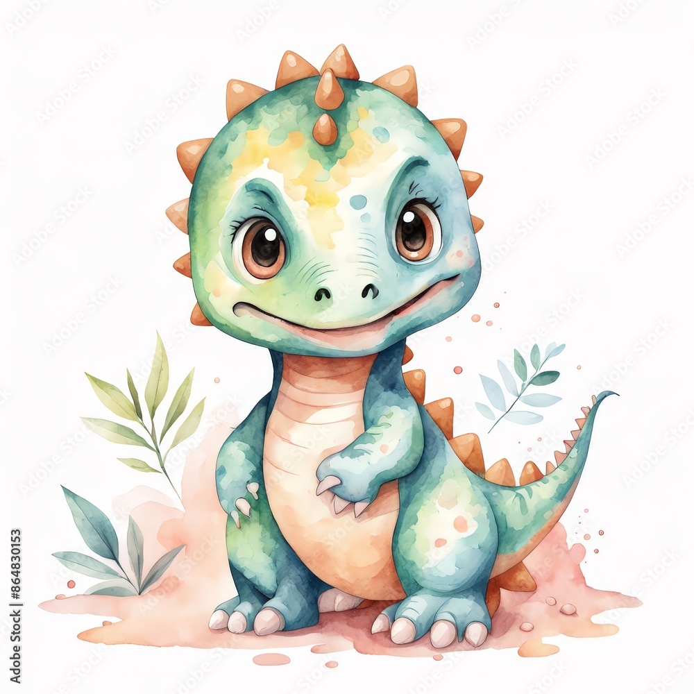 Fototapeta premium Cute Cartoon Dinosaur Watercolor Illustration.