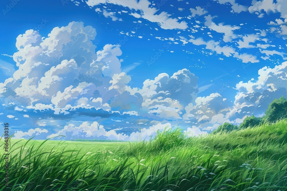 Vibrant Green Grass Field with Blue Sky and Fluffy Clouds, Peaceful Nature Landscape Illustration