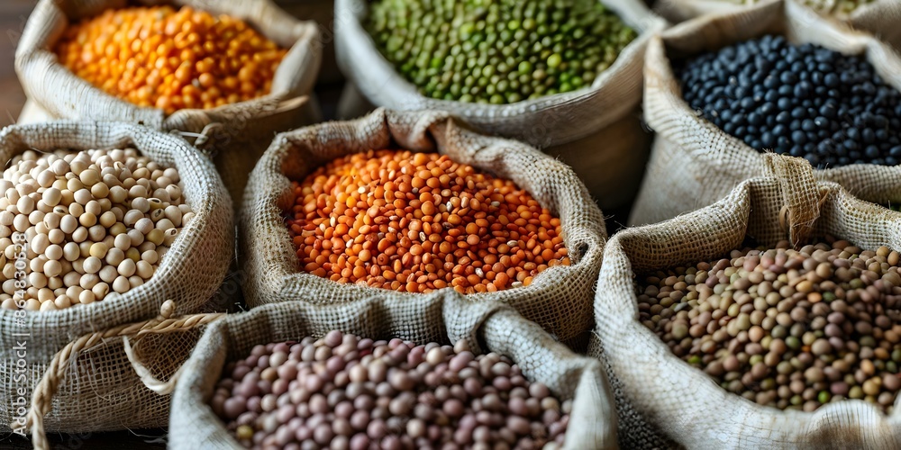 Assorted legumes in jute bags on table viewed from above. Concept Agriculture, Legumes, Food Photography, Jute Bags, Table Setting Assorted legumes in jute bags on table viewed from above. Concept Agriculture, Legumes, Food Photography, Jute Bags, Table Setting