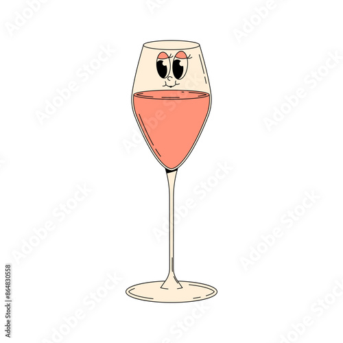 Retro wine festival. Groovy character pink wine glass with face. Funky alcohol design for menu, party, event. Vintage vector illustration 70s, 80s style