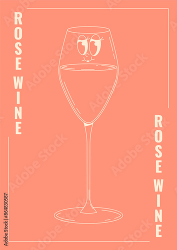 Retro wine festival poster. Groovy character pink wine glass with face. Funky alcohol design for menu, party, event. Vintage vector illustration 70s, 80s style