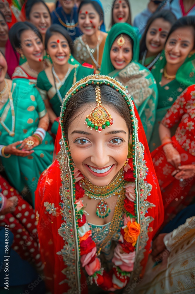 Fototapeta premium Indian bride smiling surrounded by guests wearing colorful sari dresses
