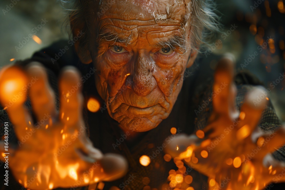 Obraz premium Senior man conjuring with fire in his hands