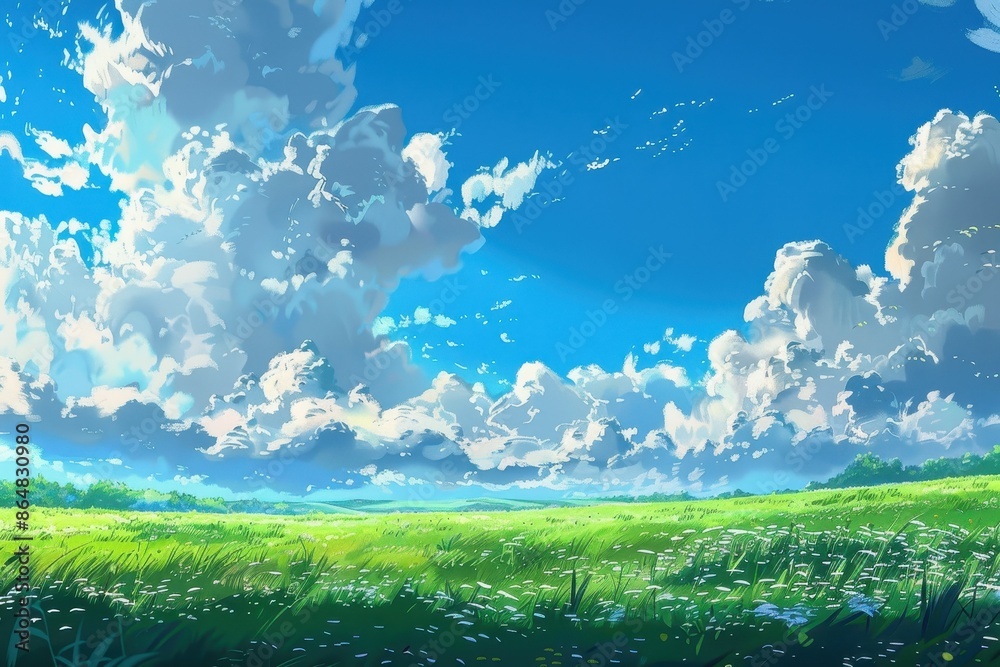 Obraz premium Beautiful digital painting of a green field with puffy clouds in the sky. Concept of nature, landscape, digital art and illustration.