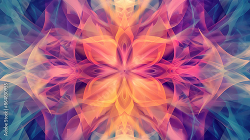
A colorful, abstract painting of a flower with a yellow center

