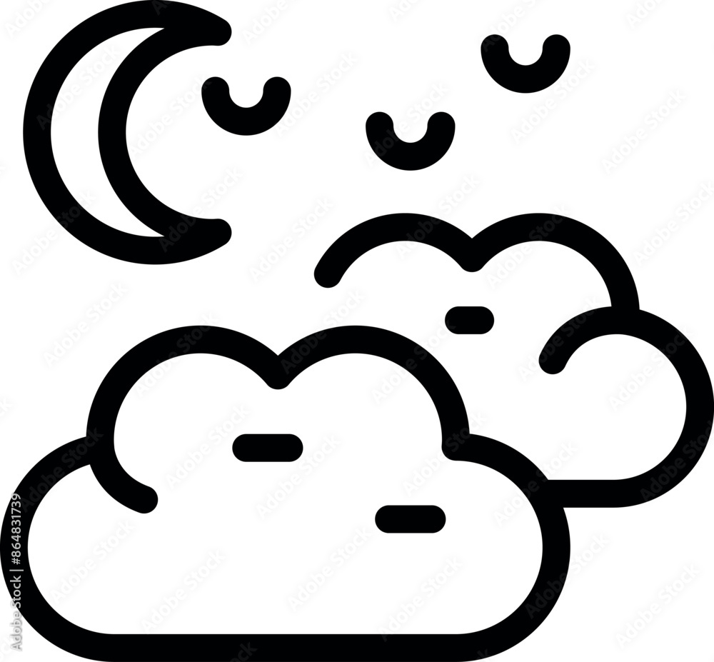 Simple line art illustration of a crescent moon shining over clouds during night time Simple line art illustration of a crescent moon shining over clouds during night time