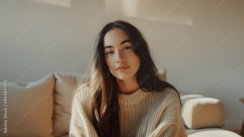 Woman in Beige Knit Sweater Sitting on Couch in Minimalist Room Woman in Beige Knit Sweater Sitting on Couch in Minimalist Room