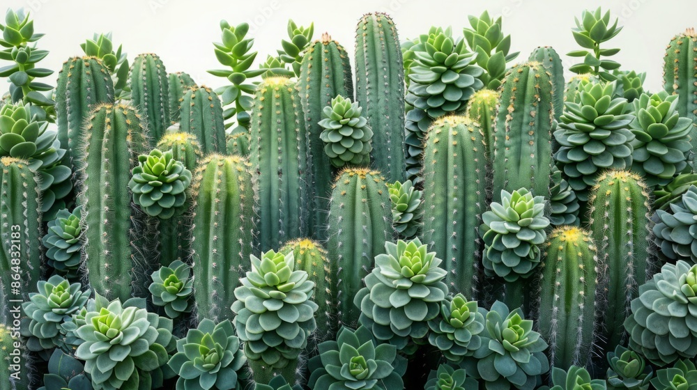 A close-up view of a variety of cacti and succulents growing together in a greenhouse, showcasing their vibrant green colors and unique textures. A close-up view of a variety of cacti and succulents growing together in a greenhouse, showcasing their vibrant green colors and unique textures.