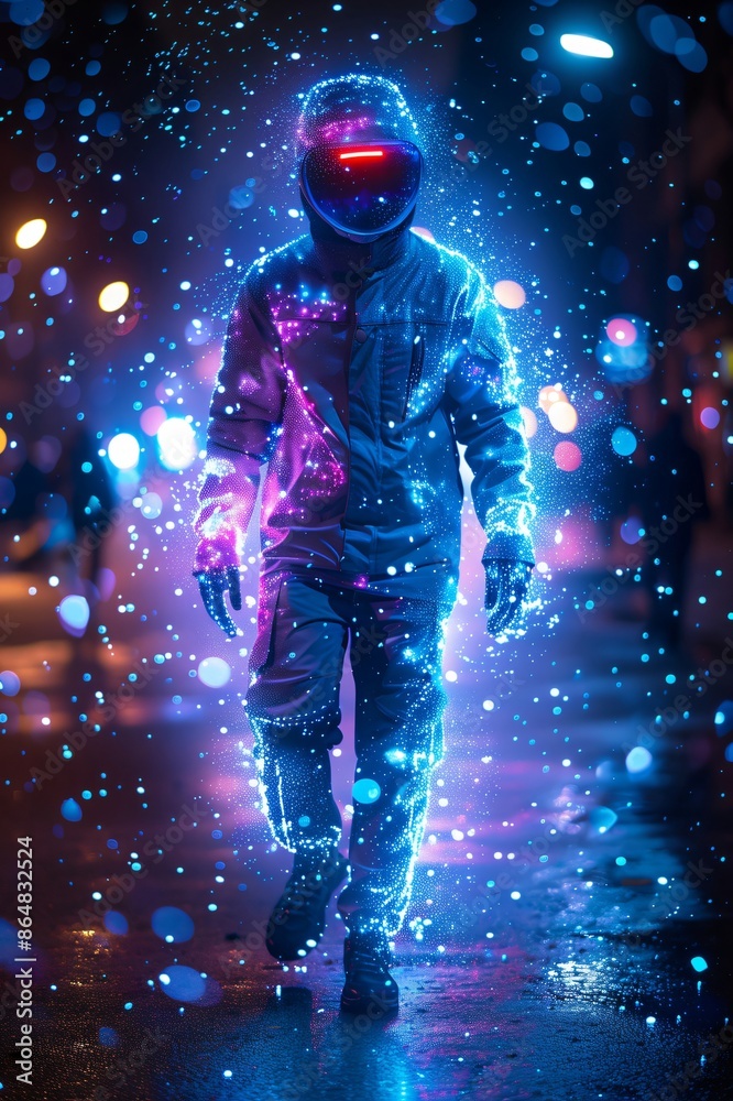 Fototapeta premium Model wearing futuristic suit walking in cyberpunk city
