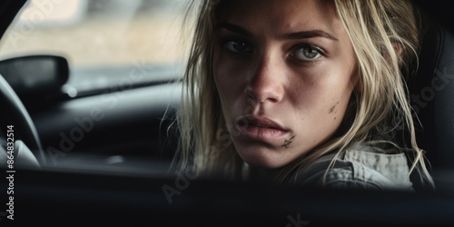 A woman with long blonde hair is sitting in a car © vefimov