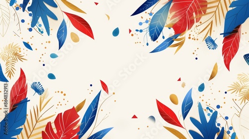 A contemporary and artistic greetings card design celebrating France's national day, adorned with decorative elements in the vibrant colors of the French flag. The minimalist style emphasizes clarity