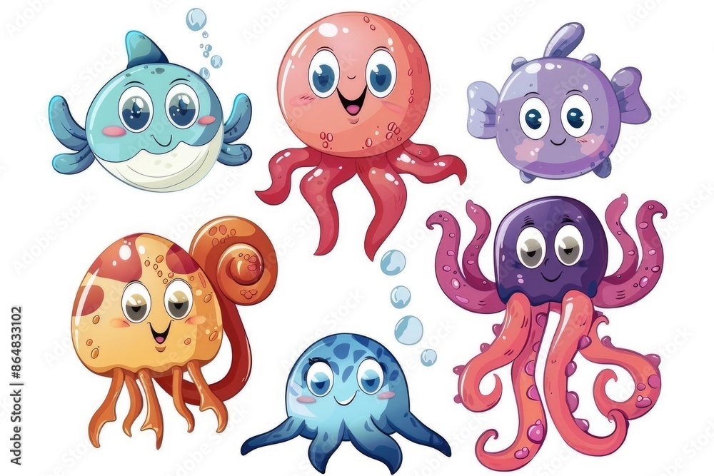 Colorful illustration of smiling cartoon sea creatures, including sharks and an octopus in a joyful underwater scene