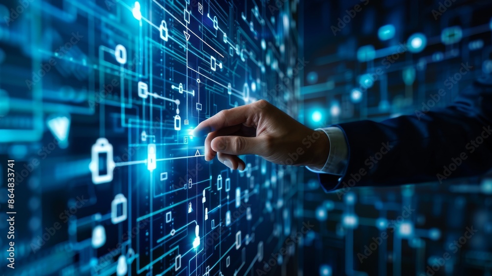 A person's hand reaches out to interact with a glowing digital network, symbolizing the connection and control through modern technology and innovation. A person's hand reaches out to interact with a glowing digital network, symbolizing the connection and control through modern technology and innovation.