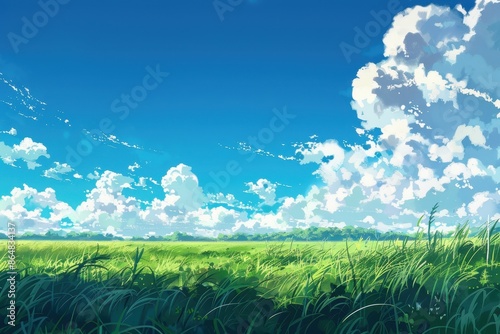 Digital painting of a green field and blue sky with white fluffy clouds.  Peaceful landscape art with grass and sky.