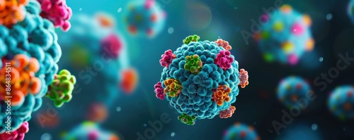 Close-up of vividly colored virus cells in a blue background, showcasing intricate details and vibrant patterns, perfect for science and medical use. photo
