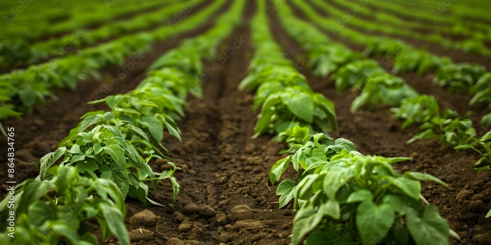 Obraz premium Rows of Lush Green Potato Fields in a Rural Agricultural Landscape. Concept Rural Scenery, Agriculture, Potato Fields, Green Landscape, Rural Life