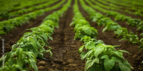 Rows of Lush Green Potato Fields in a Rural Agricultural Landscape. Concept Rural Scenery, Agriculture, Potato Fields, Green Landscape, Rural Life