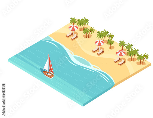 Isometric view of a tropical sand beach with sunbeds under an umbrella, palm trees, and a sailing boat, vector illustration isolated on a white background