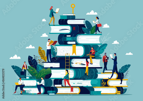Wallpaper Mural Teamwork and Leadership Concept: Diverse Business Team Collaborating on Stack of Books with Manager Holding Key to Success, Minimalist Vector Illustration Torontodigital.ca