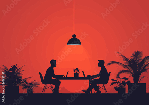 Minimalistic Vector Illustration of Business Meeting and Brainstorming Session Featuring Two Individuals with Laptops and Plants, Red Background