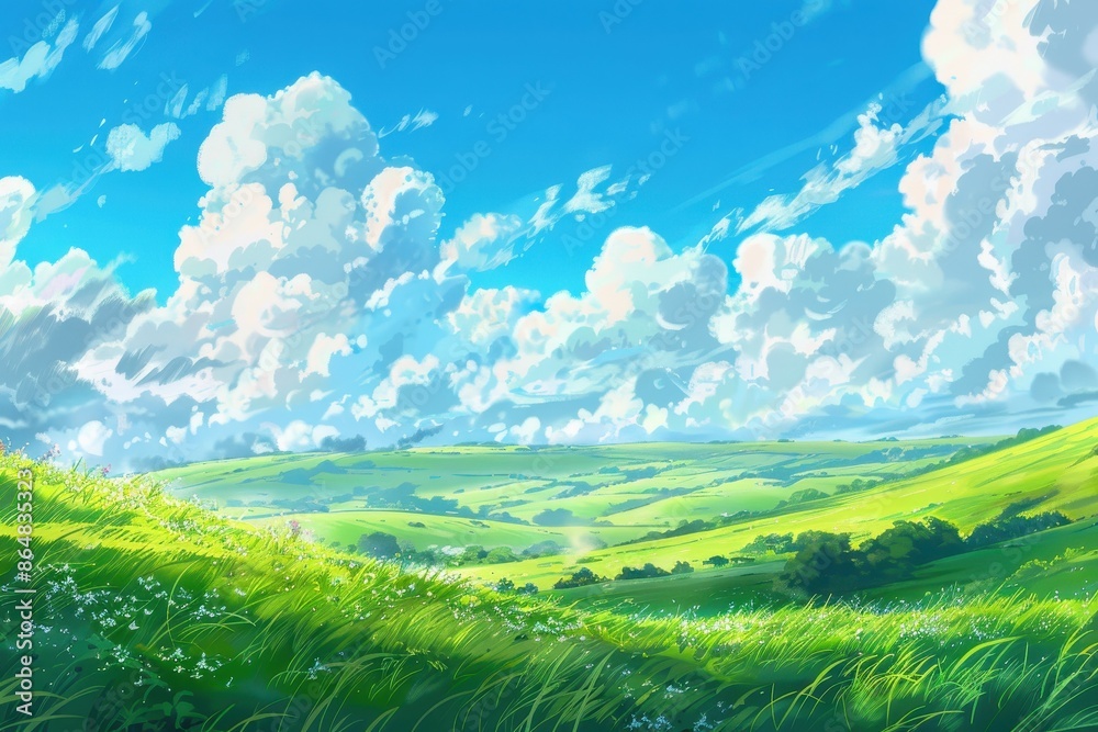 Vibrant green grassy fields with blue sky and white fluffy clouds in a digital art painting. Beautiful landscape image with an imaginary path through the nature scene Vibrant green grassy fields with blue sky and white fluffy clouds in a digital art painting. Beautiful landscape image with an imaginary path through the nature scene