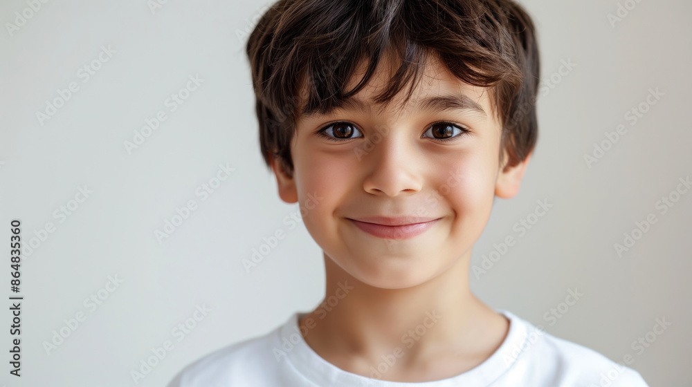 A young boy with brown hair and a white shirt is smiling. He has a big smile on his face and his eyes are wide open A young boy with brown hair and a white shirt is smiling. He has a big smile on his face and his eyes are wide open