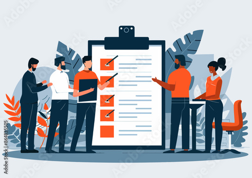 Team Evaluating Agreement Checklist - Minimalist Vector Illustration of Group Reviewing Contract Items
