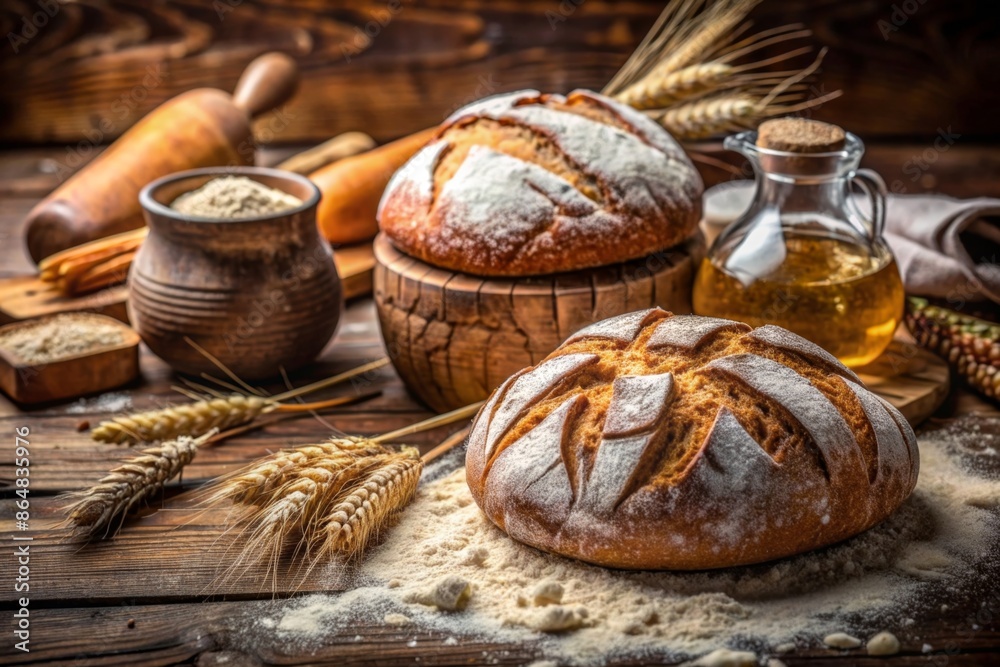 Fresh bread on table close-up in flour placer. Fresh bread on the kitchen table. The healthy eating and traditional bakery concept. Rustic style Fresh bread on table close-up in flour placer. Fresh bread on the kitchen table. The healthy eating and traditional bakery concept. Rustic style