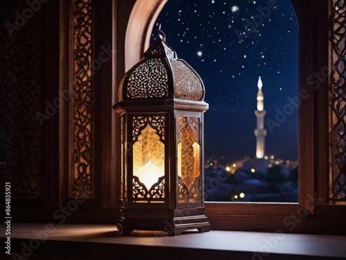 Holy Month Lantern Shining Through Mosque's Arch Window photo