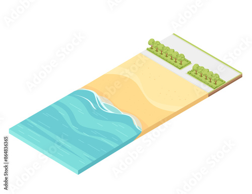 Isometric view of a sand beach with city park vector illustration isolated on a white background
