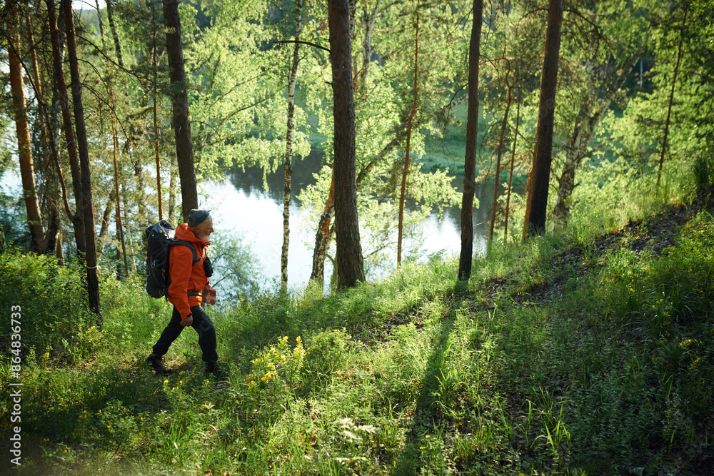 Obraz premium Extreme long high angle view of senior male tourist wearing backpack hiking in mountain forest on summer day, copy space