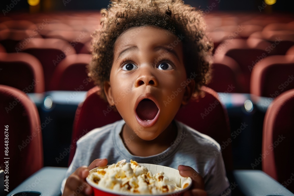 Bright and sharp image capturing the awe of a young boy watching a film for the first time Bright and sharp image capturing the awe of a young boy watching a film for the first time