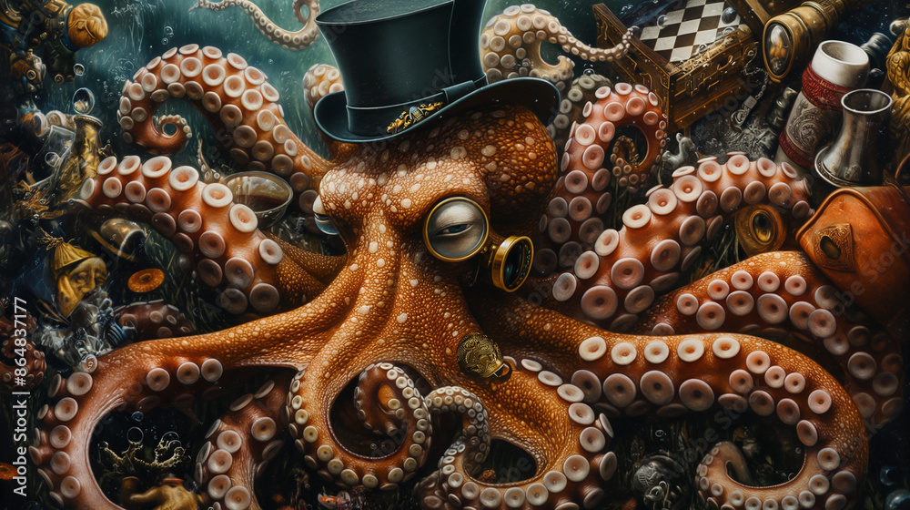 custom made wallpaper toronto digitalA dapper octopus with a top hat and monocle surrounded by a chaotic collection of objects.