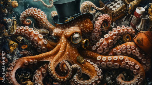 Wallpaper Mural A dapper octopus with a top hat and monocle surrounded by a chaotic collection of objects. Torontodigital.ca
