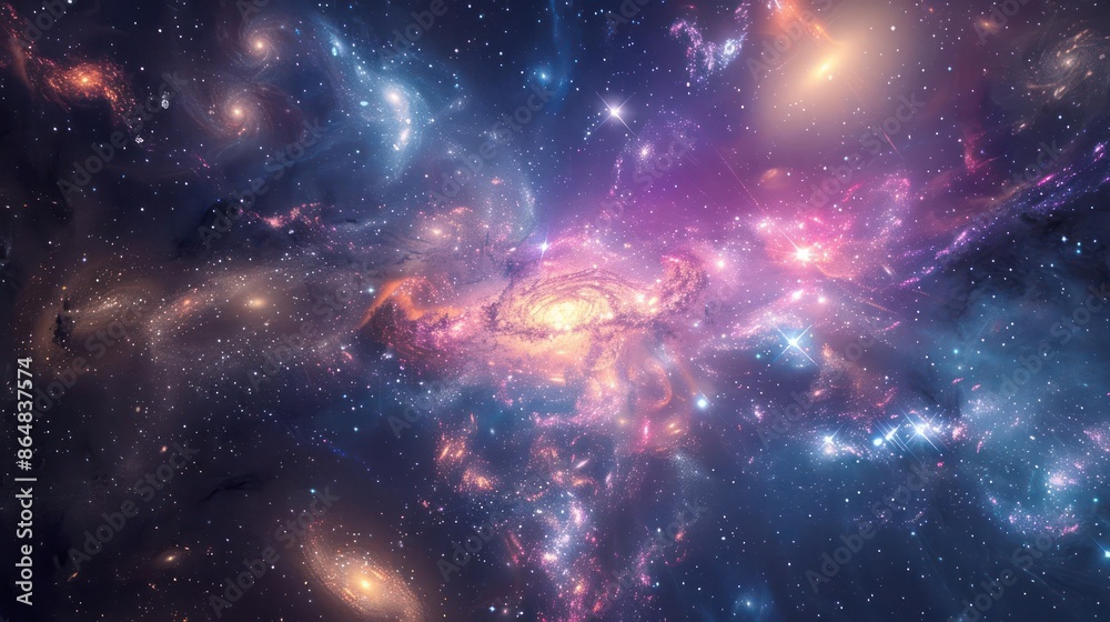 Fototapeta premium A distant galaxy cluster with intense gravitational interactions.,majestic astronomical image of galaxy universe space beautiful like magic in dream