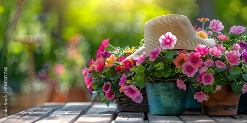 Serene Garden Scene Colorful Potted Flowers and Gardener's Hat on a Sunny Day. Concept Garden Photography, Potted Flowers, Gardener's Hat, Serene Scene, Sunny Day photo