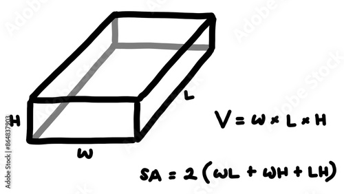 Hand writing illustrations about volume formula of cuboid. Basic geometry equation. Mathematics formulas.