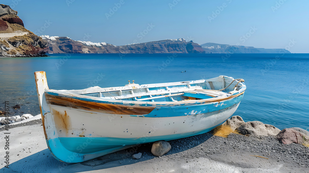 A small boat is sitting on the beach next to the ocean A small boat is sitting on the beach next to the ocean