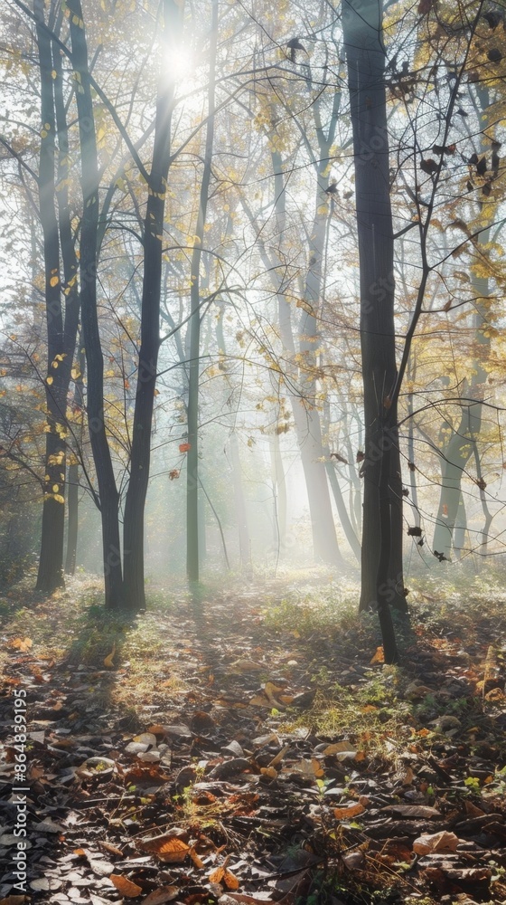 Obraz premium Fog in the autumn forest: Under the early morning sunshine, the autumn forest is filled with thin fog, and the trees and the ground are covered with a light layer of white fog. Descriptors: Autumn for