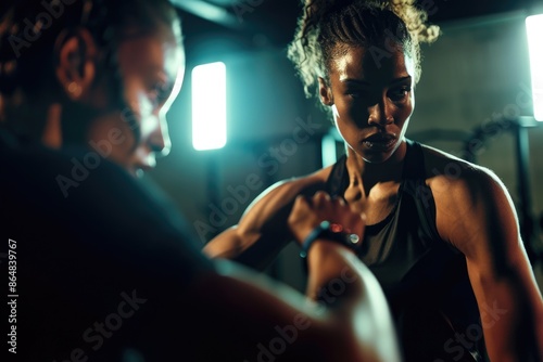 Two focused female athletes lifting heavy weights in a gym, demonstrating strength and determination. AIG58 photo