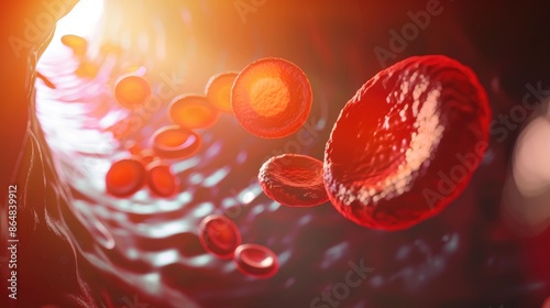 3D Rendering of Red Blood Cells Flowing Inside a Blood Vessel,