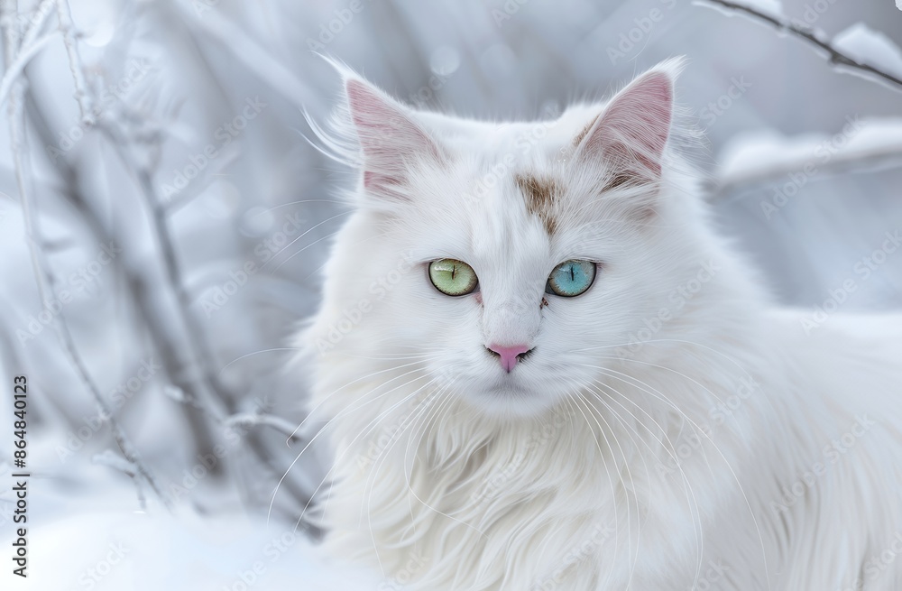 Beautiful white cat with multicolored eyes, looking at the camera, against a blurred background of snow and ice. The concept is to highlight unique features in cats that have different color on their Beautiful white cat with multicolored eyes, looking at the camera, against a blurred background of snow and ice. The concept is to highlight unique features in cats that have different color on their