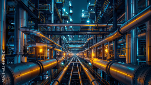 A large oil and gas industrial plant at night with many steel pipes illuminated by lights, showcasing the power of human creation in nature. 