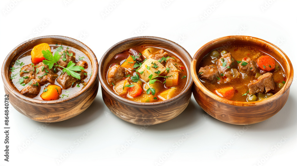 Stew in three bowls isolated on a white background, in a studio shot from a high angle view. Stew in three bowls isolated on a white background, in a studio shot from a high angle view.